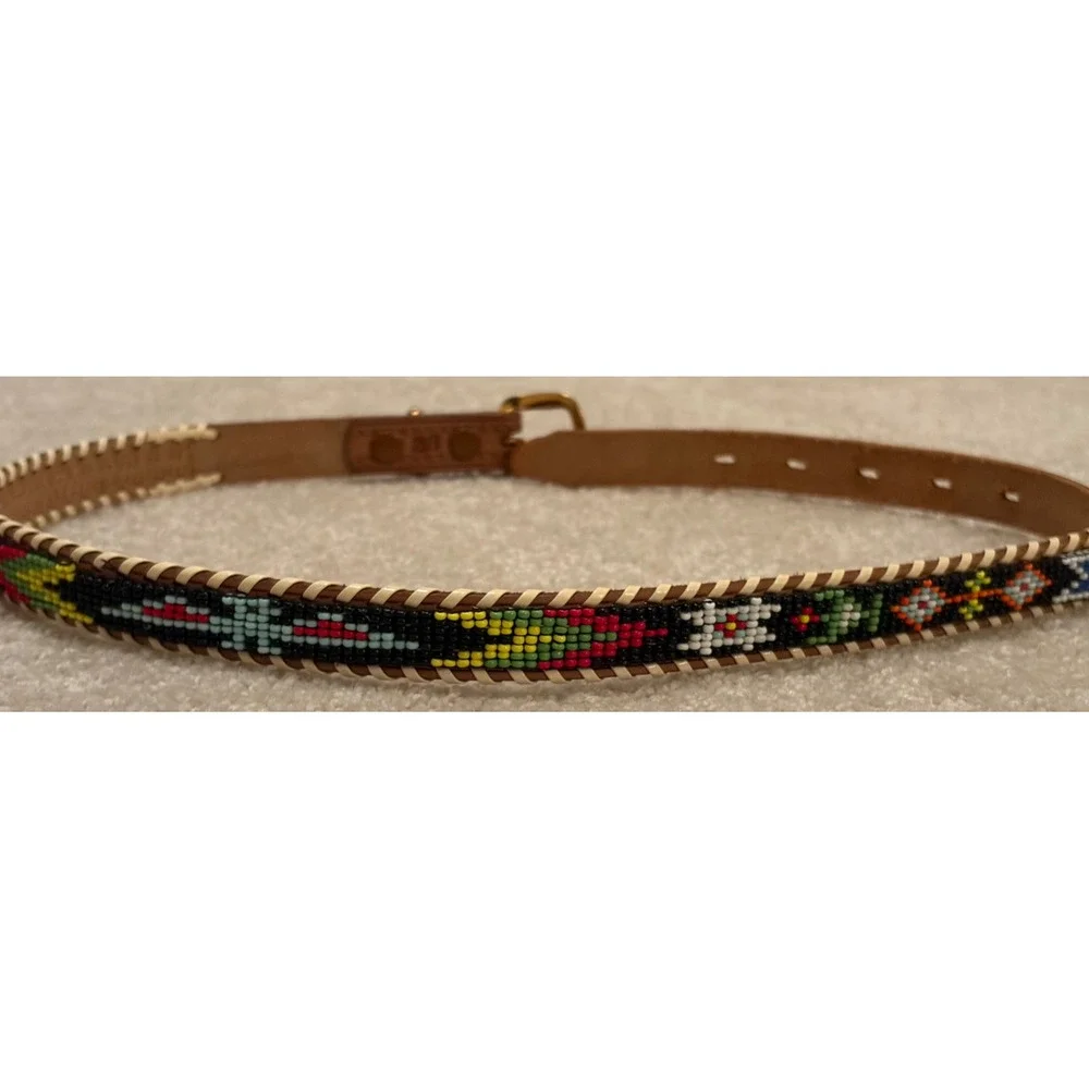Vintage Native American Tourist Souvenir Beaded Leather Belt Size 28